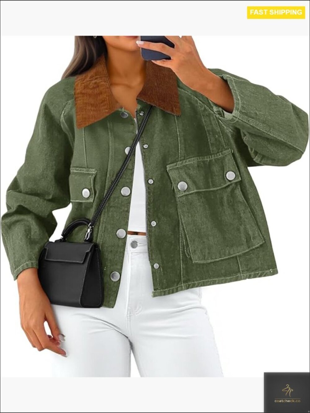 Cropped Denim Jacket Corduroy Collar Loose Fit Casual Barn Style Modern
